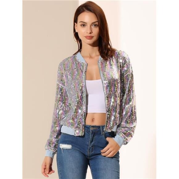 Women's Sequin Jacket Casual Long Sleeve Zipper Fall Winter Shiny - Picture 3 of 5